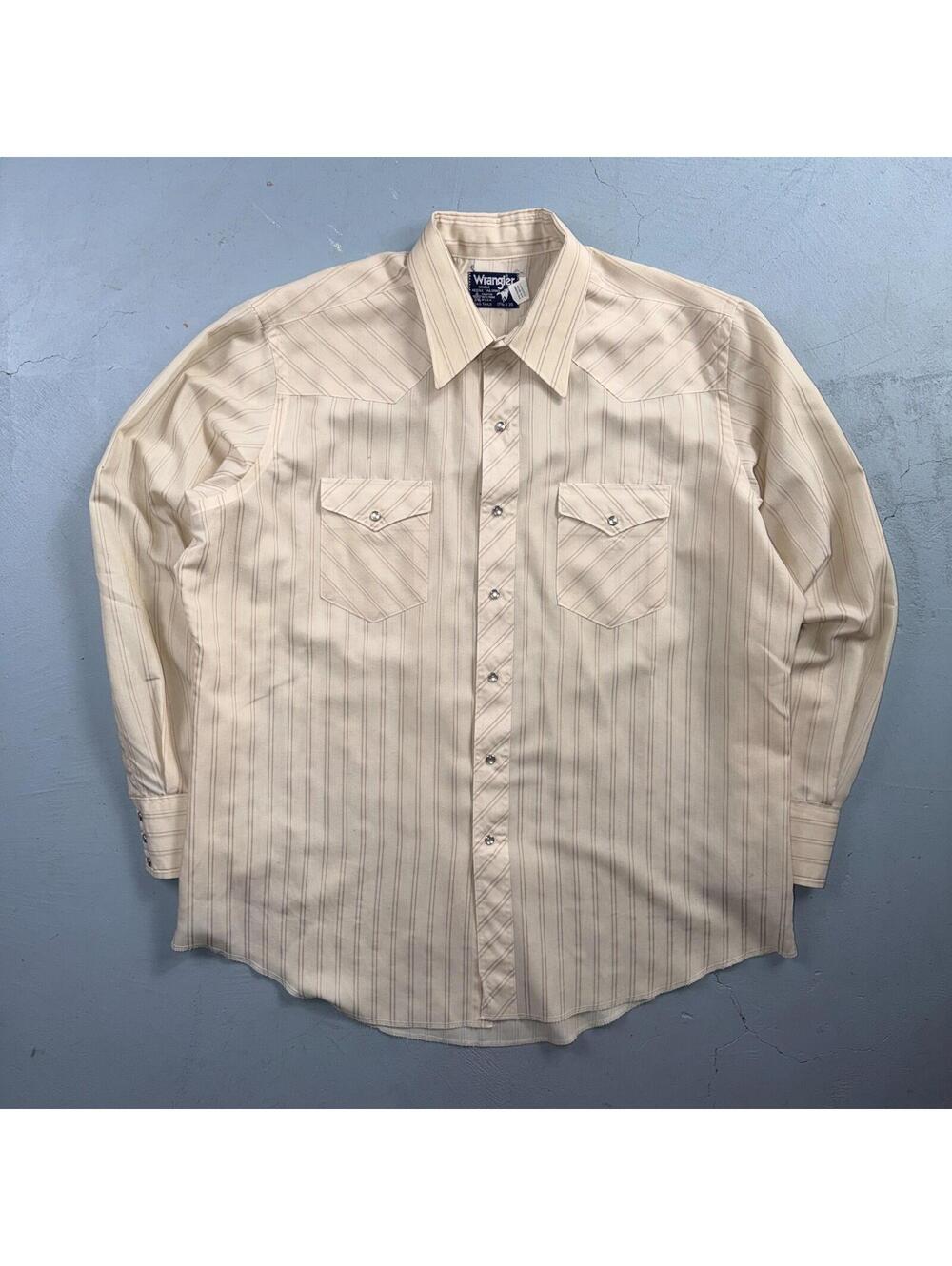 VTG Wrangler Pearl Snap Shirt Mens 17.5 Cream Long Sleeve Pockets Western Cowboy